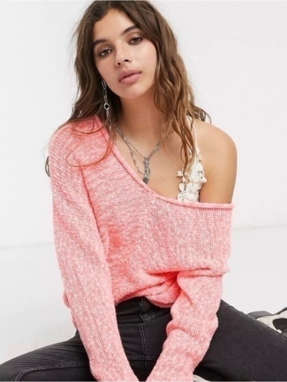Free People Bright Lights Tunic Oversized V-neck Sweater in Flamingo- Medium